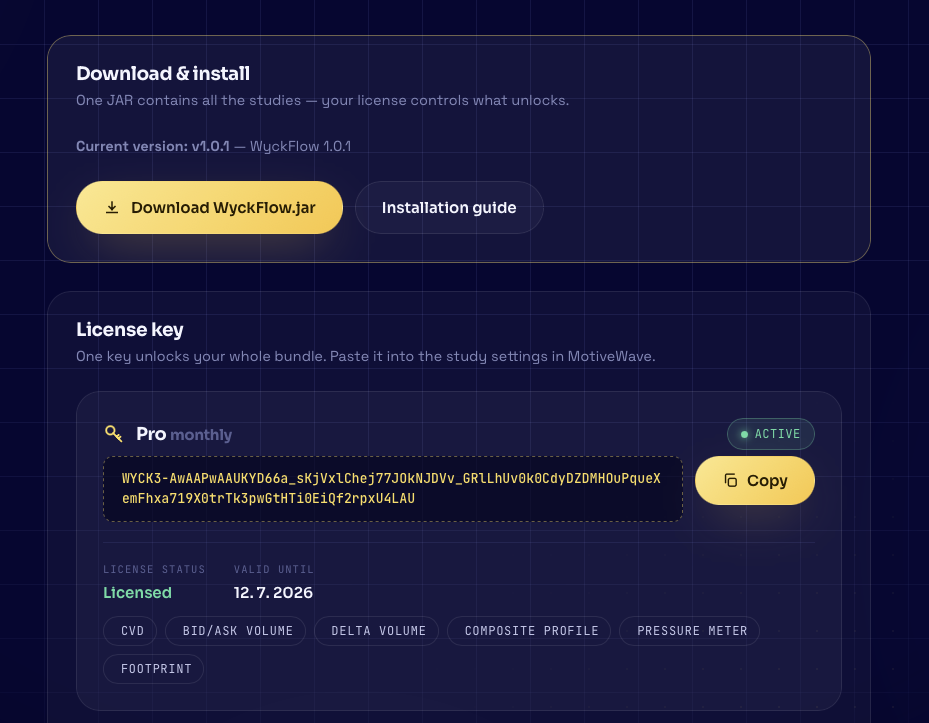 Account page — the “Download WyckFlow.jar” button and the licence key with its Copy button.