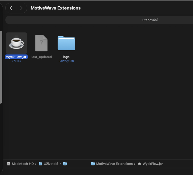 A file-manager window (Finder / Explorer) showing the “MotiveWave Extensions” folder with WyckFlow.jar inside.