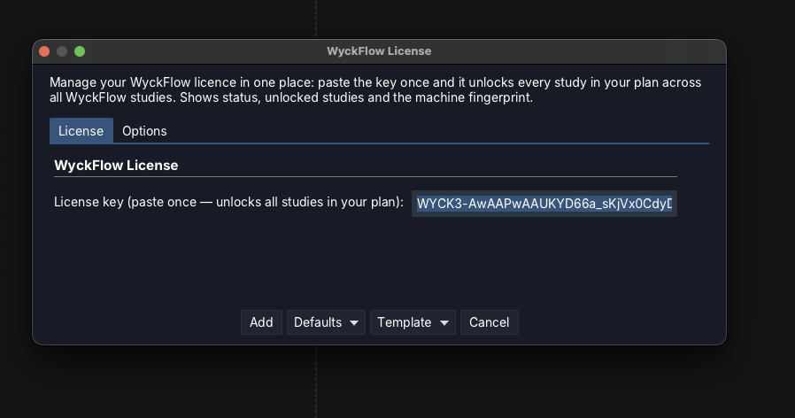 The “WyckFlow License” study settings with the License Key field where the WYCK3-… key goes.